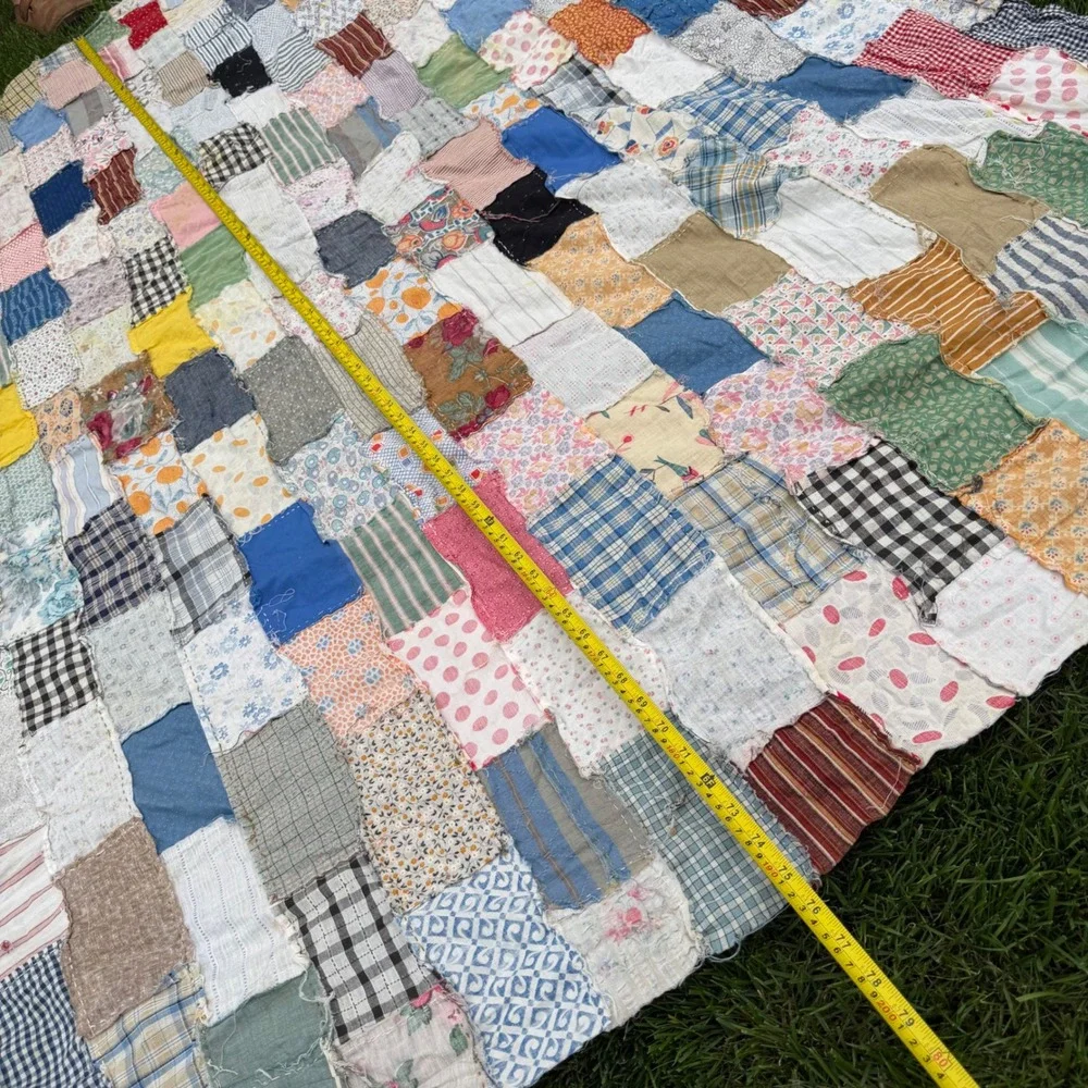 Vintage Handmade Patchwork Quilt Scrap Fabric Multi Color Boho Folk Art 75x68